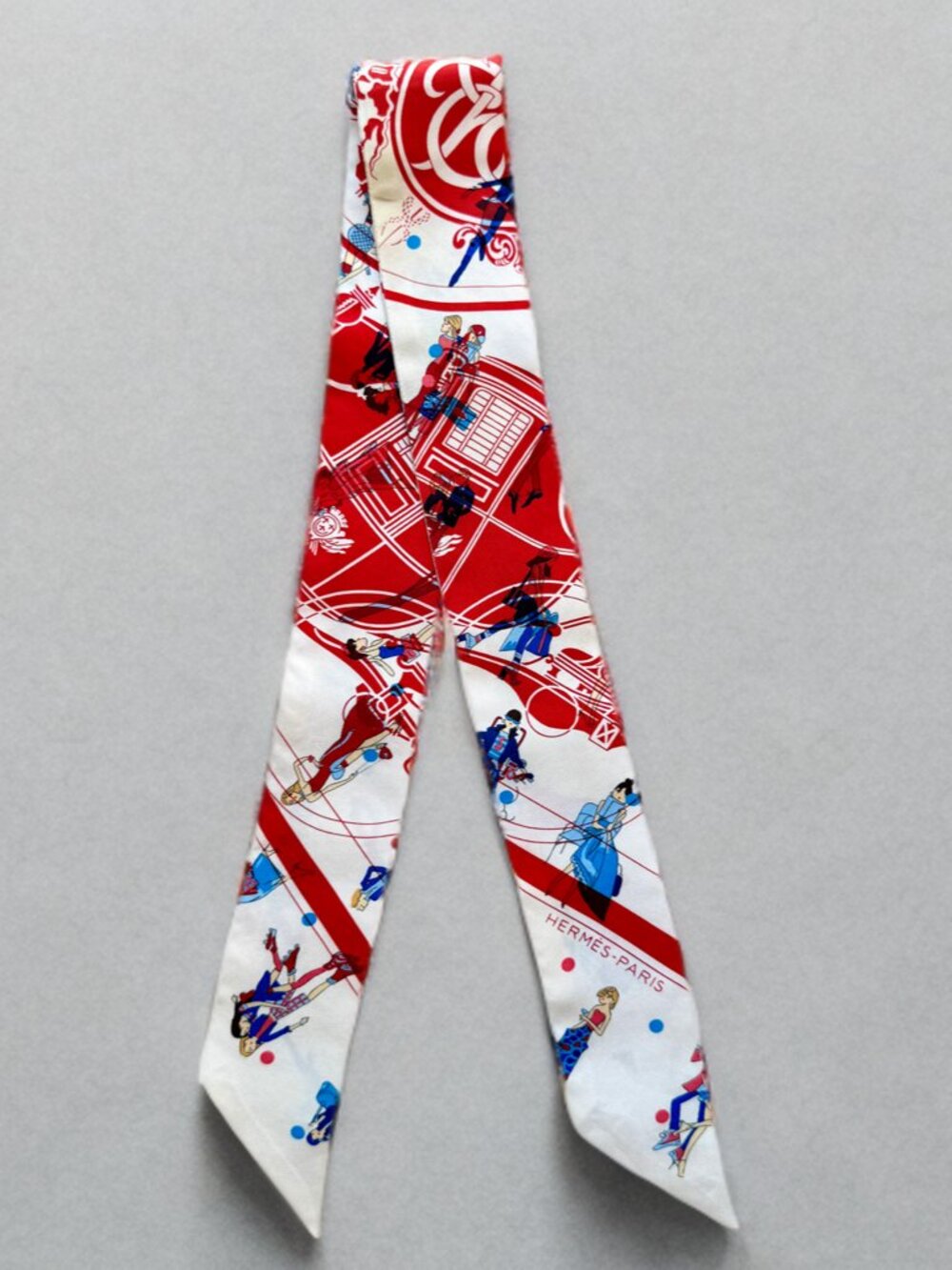 Hermes Red White Exlibris Parisienne Silk Twilly - Picture 3 of 7